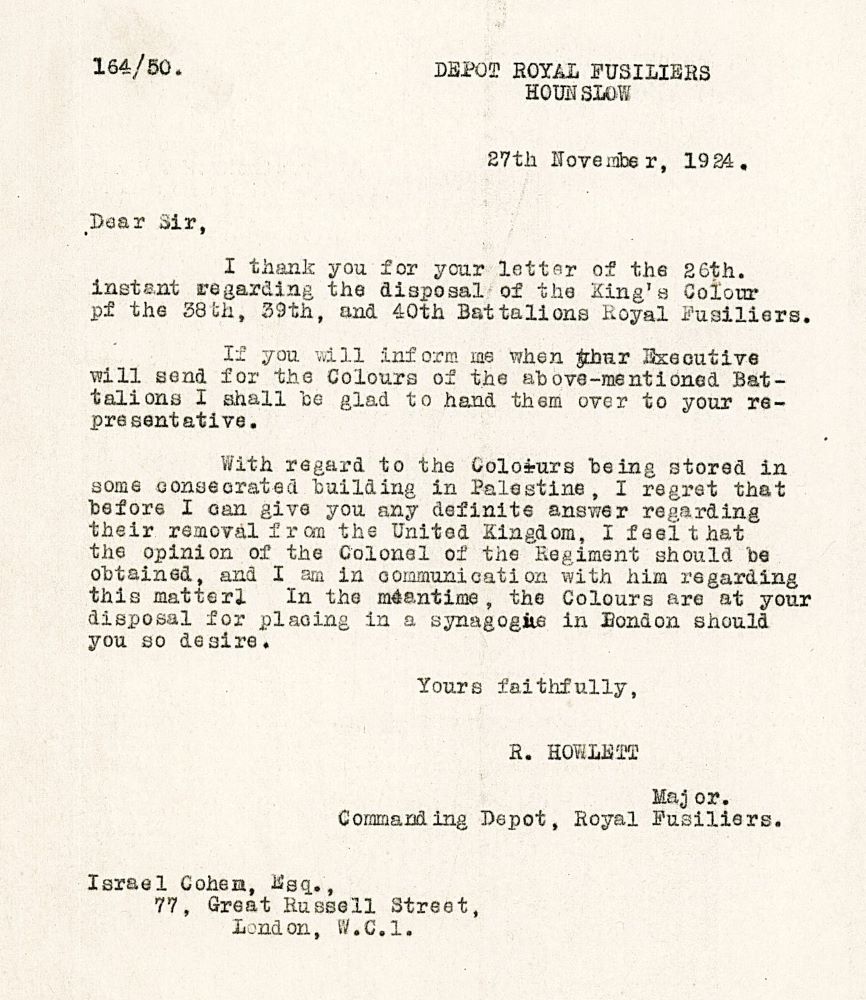 מכתב המאשר את העברת דגלי הגדודים להסתדרות הציונית