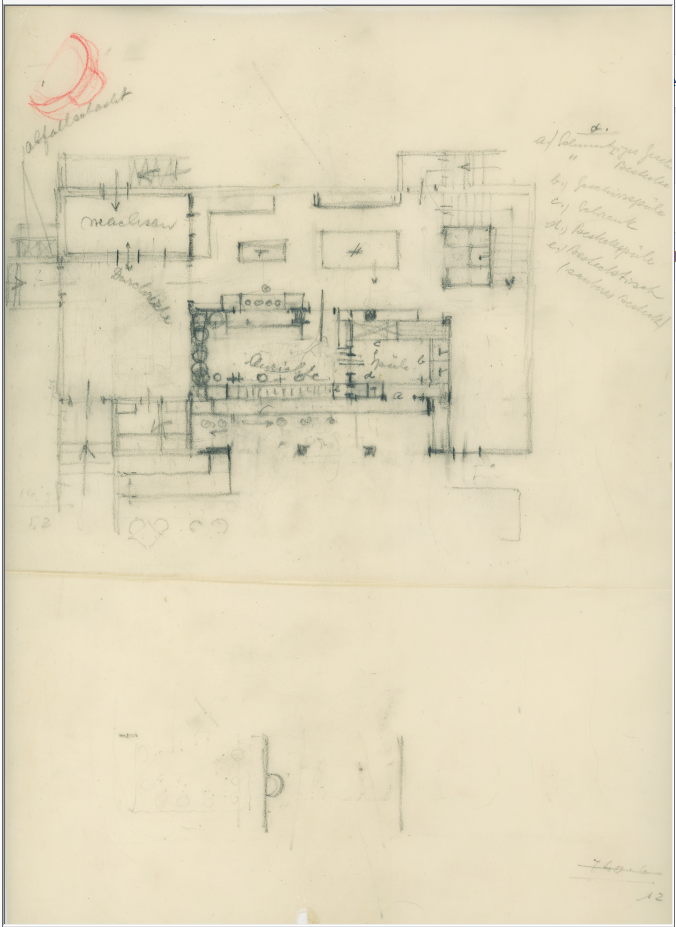 סקיצה לבית ויצו בתל אביב שהכין האדריכל קאופמן, אך לא בוצעה. 1934