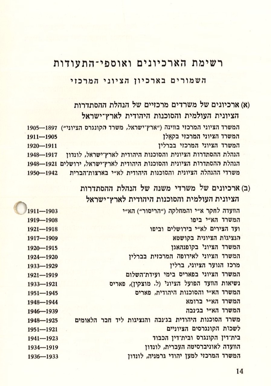 רשימת הארכיונים ואוספי התעודות השמורים בארכיון הציוני, 1957