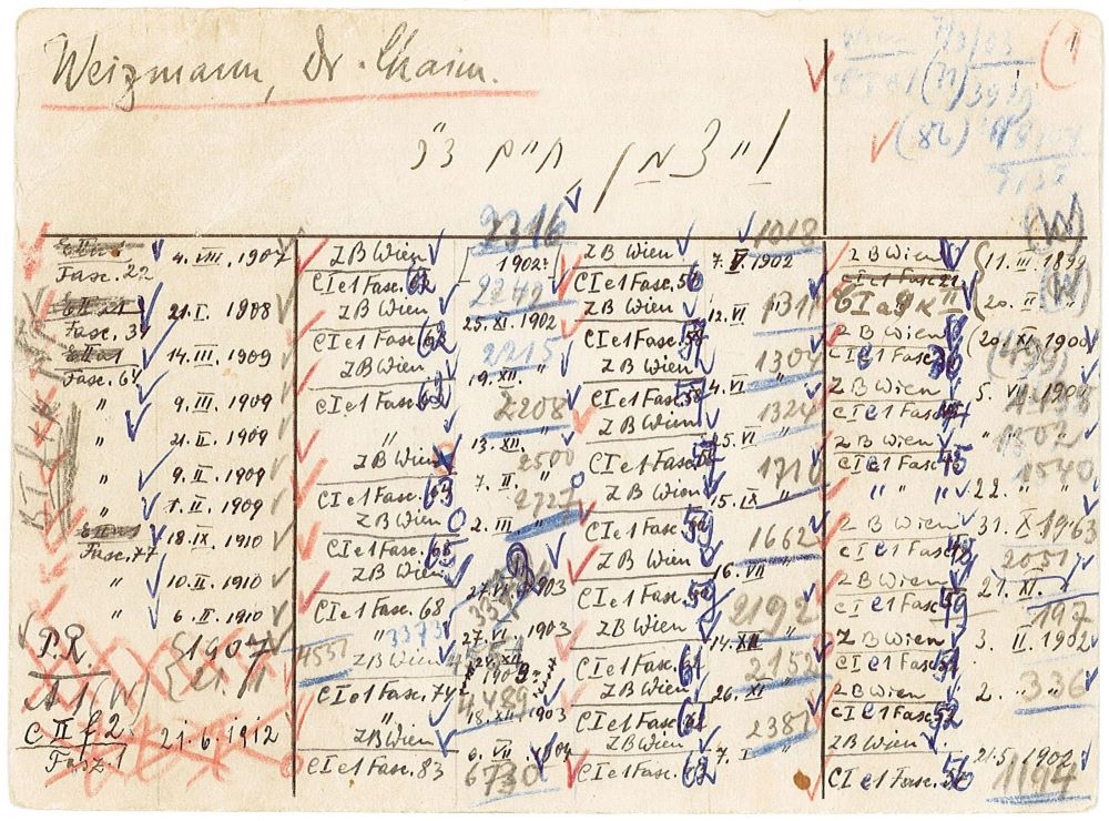 כרטיס המפנה לתיקים בהם שמורים מכתבי חיים ויצמן טרם הנהגת שיטת הסימול החדשה