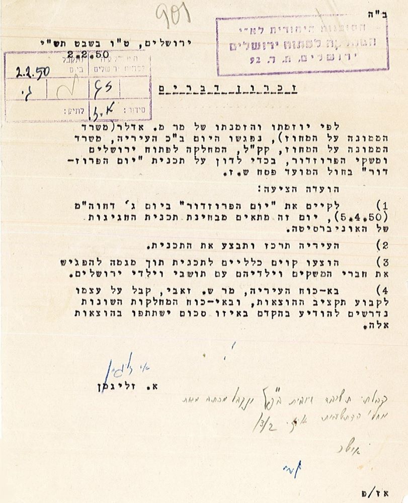 זיכרון דברים מפגישת הוועדה המארגנת, 2.2.1950
