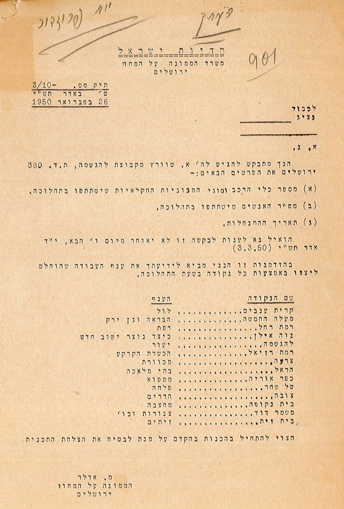 חוזר שהופץ ליישובים ובו רשימת ענפי העבודה שייוצגו על ידי כל היישובים בתהלוכה, פברואר 1950