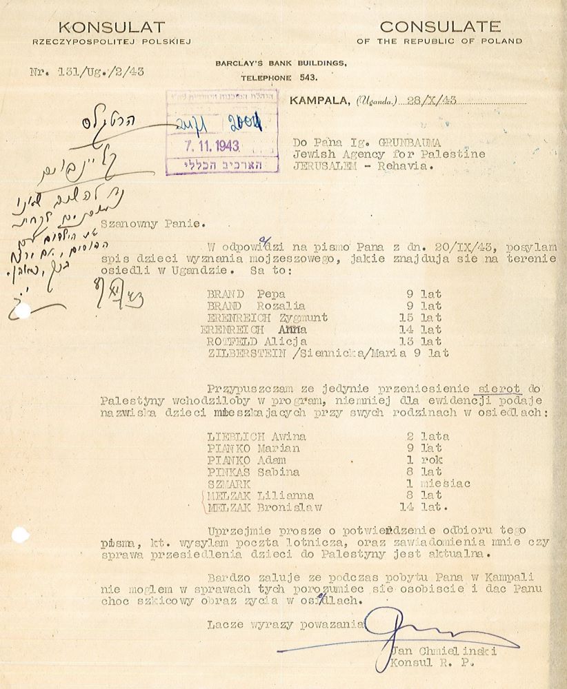 מכתב בנוגע להעברת פליטים יהודים מאוגנדה לארץ ישראל, אוגוסט 1943