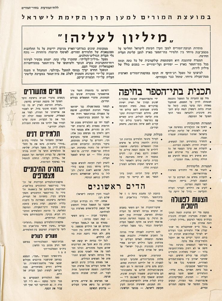 עלון ובו מידע על מבצע "מיליון לעליה" מטעם מועצת המורים למען הקק"ל