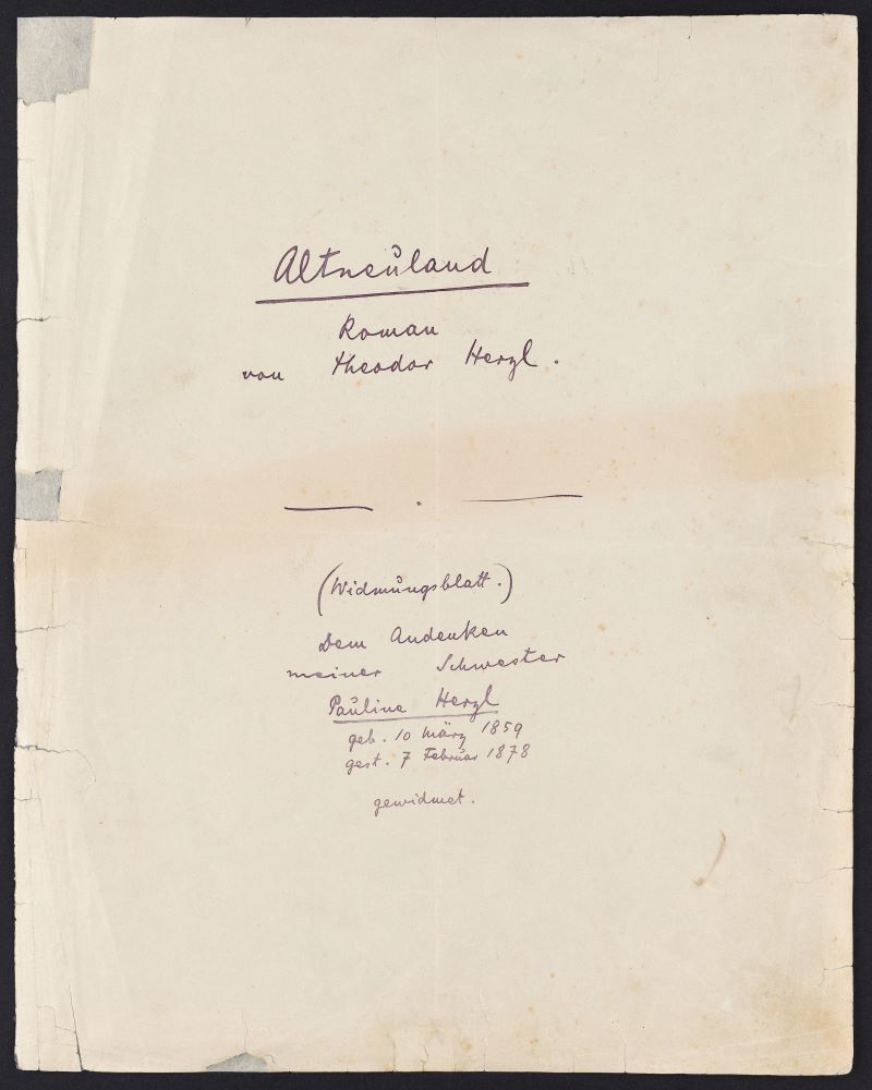 שער כתב היד של הספר "אלטנוילנד"