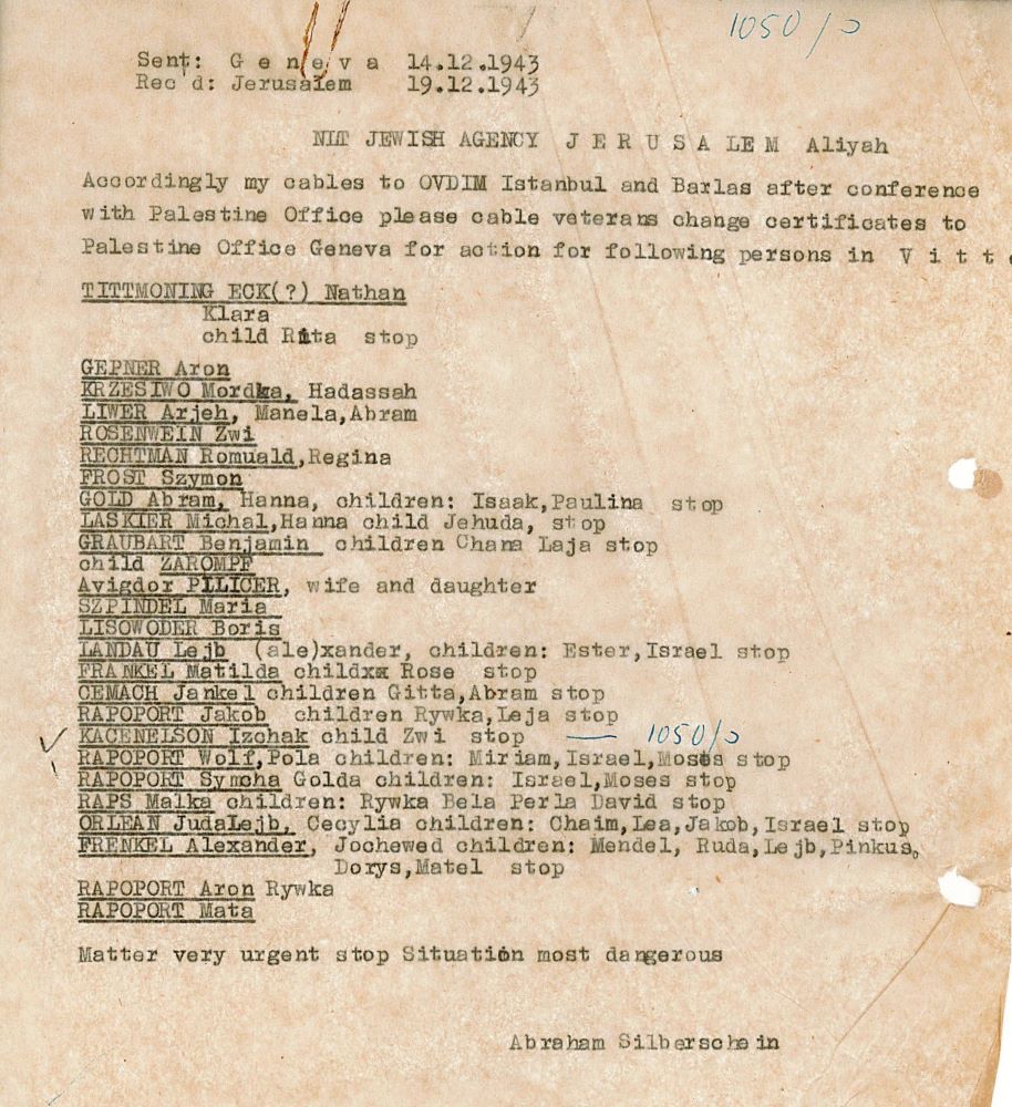 מברק הכולל את שמות העצורים במחנה ויטל הזכאים לאשרות עלייה, 1943