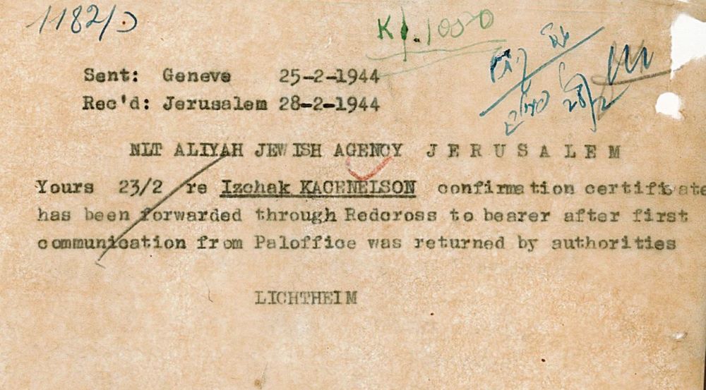 מברק מז'נווה מדווח על כך שאשרות העלייה לא הגיעו לקצנלסון, 1944