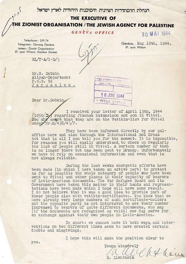 מכתב מליכטהיים למחלקה לעלייה, 1944