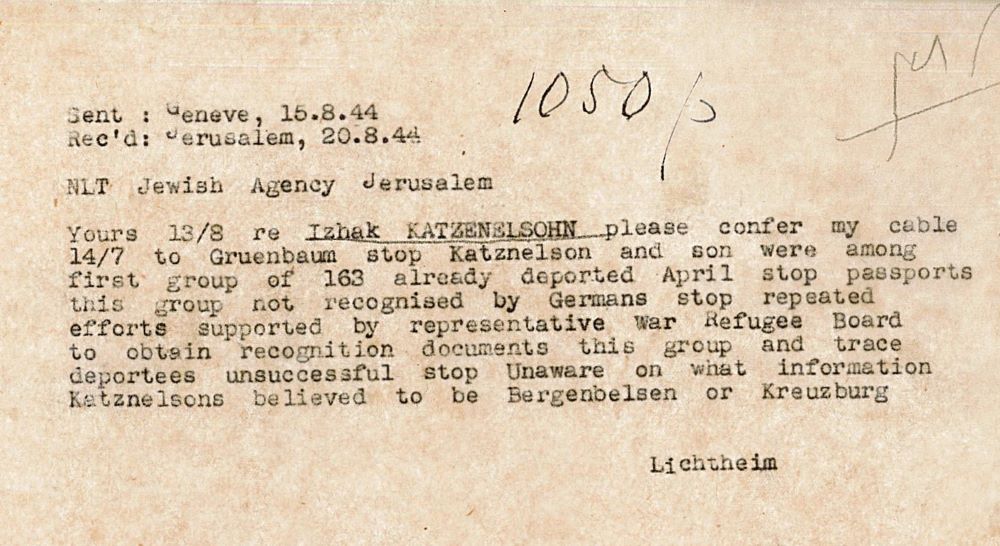 מברק מליכטהיים למחלקה לעלייה על גורלו של קצנלסון, 1944