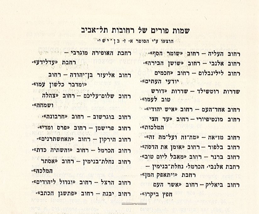 השמות החדשים של רחובות תל אביב, מתוך מדריך לחגיגות פורים והעדלידע, 1932 (DD1\3312)