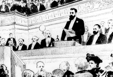 A painting of Herzl speaking at the Second Congress