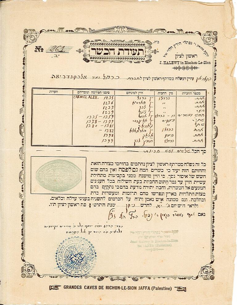 תעודת כשרות לקוניאק וליין מתוצרת יקבי ראשון לציון, 1907