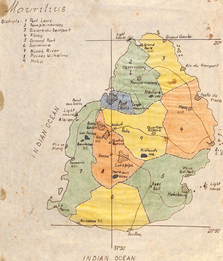 מפה של האי מאוריציוס, ייתכן שיוסף שרטט אותה (ארכיון יוסף וייסקופ, AK555\1