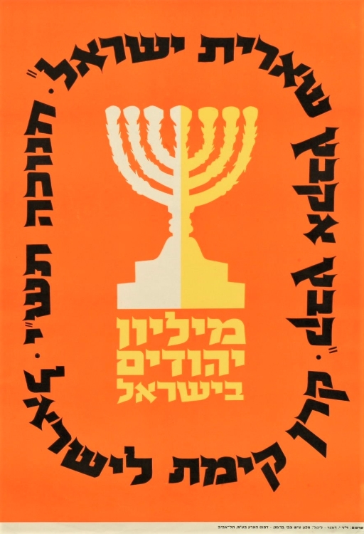 כרזה של קרן קימת לציון מיליון יהודים בישראל, חנוכה תש"י, 1949. עיצוב: פרסום רוזנר (KRA\139)​​​​