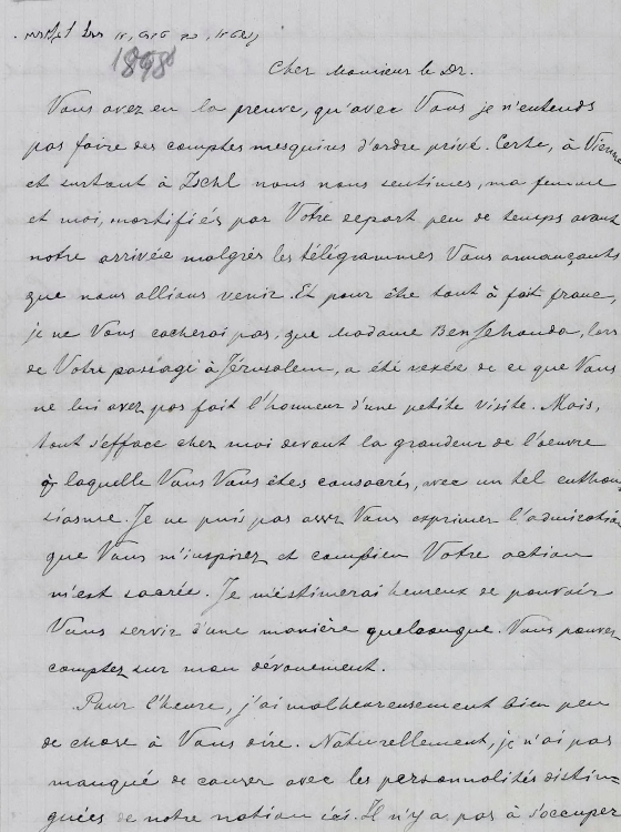 מכתבו של אליעזר בן יהודה להרצל בצרפתית, כ"ב בטבת תרנ"ט, 4.1.1899 (H1\999)