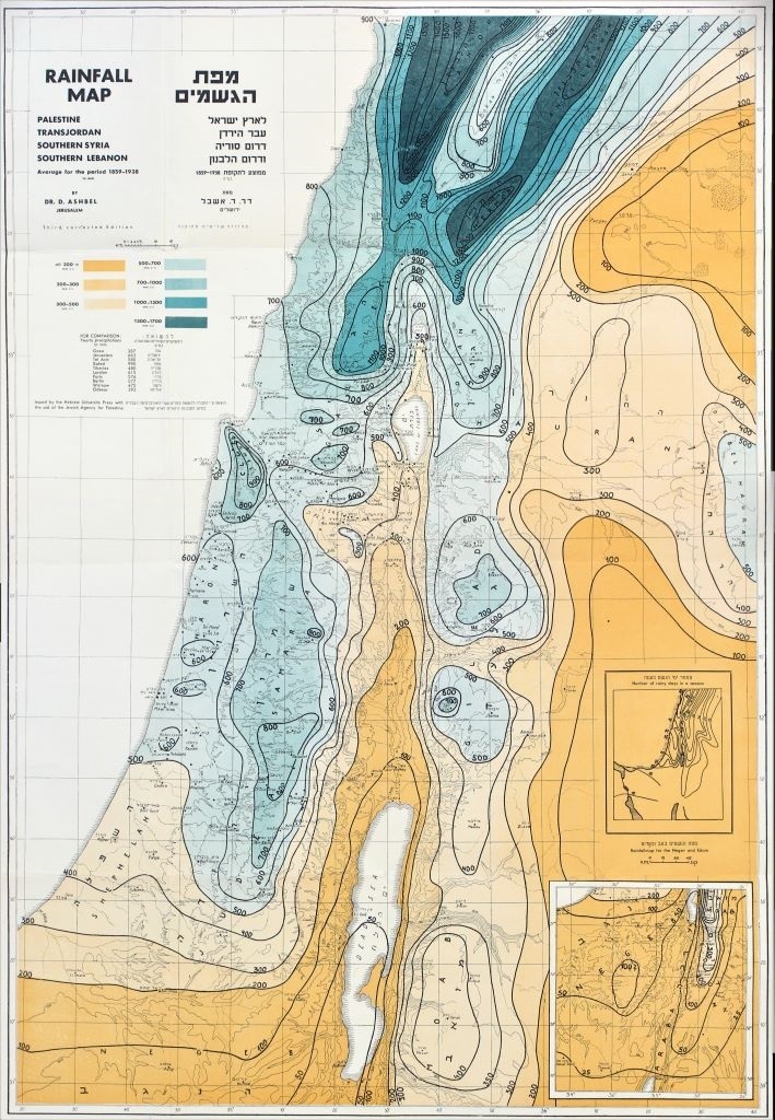 מפת גשמים לארץ ישראל, עבר הירדן, דרום סוריה ודרום לבנון לתקופה של 1938-1859 בתכנון דב אשבל (MM\335)
