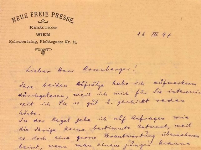 The letter Herzl sent to Rosenberger (H1\2852)