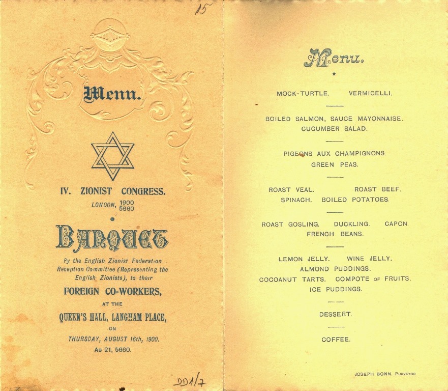The menu at Langham Place, Fourth Zionist Congress.
