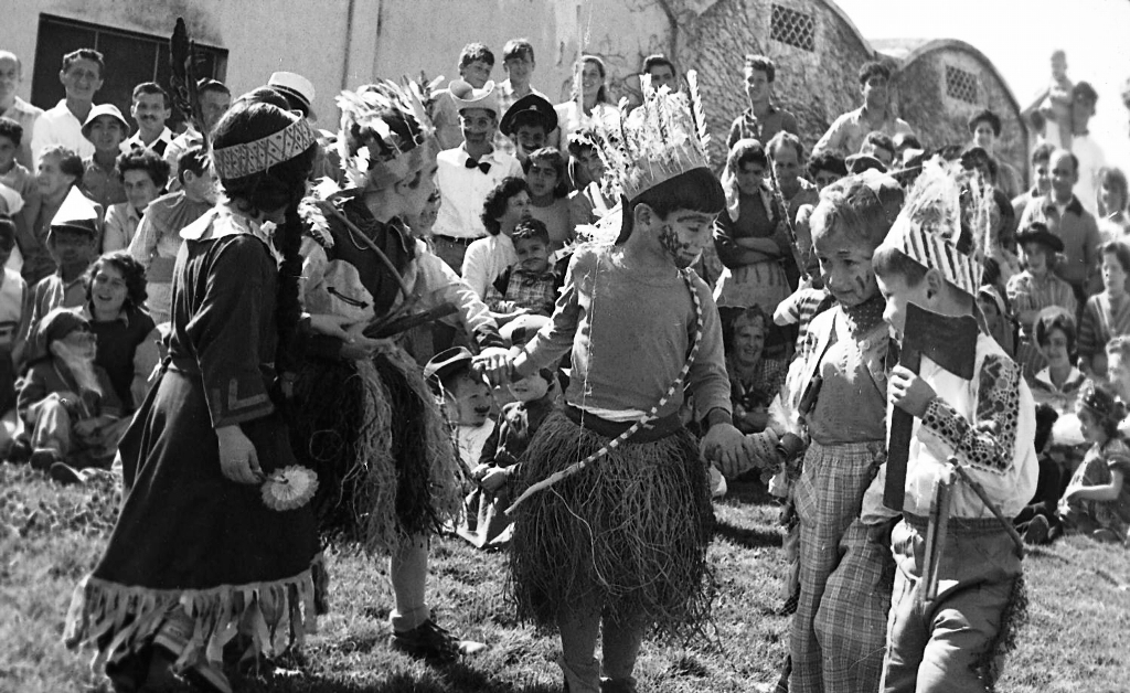 Purim in Kibbutz Hulata, children in costumes of the Indians, 1957.