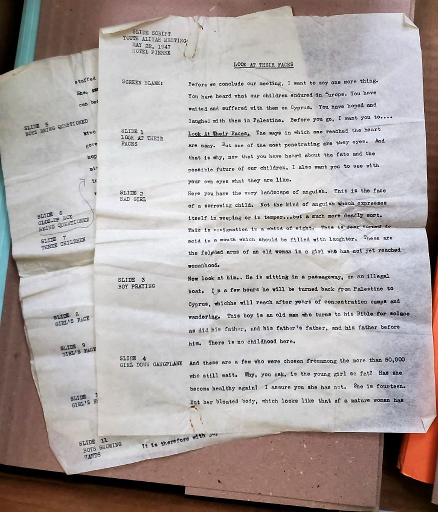 תסריט לקריאה עם שקופיות על ילדי עליית הנוער, 1947