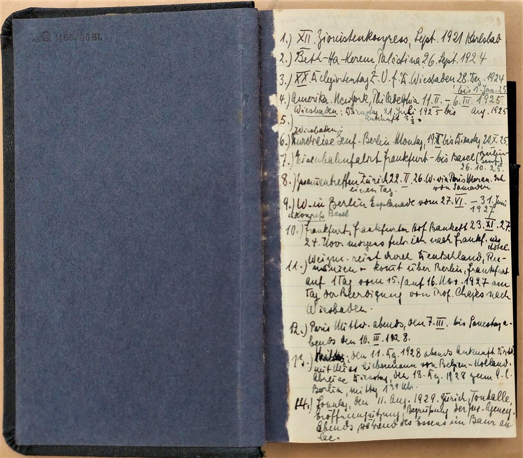 מחברת יומן בה תיעדה לאוני לנדסברג את פגישותיה עם חיים ויצמן, 1928-1924 (AK343\4)