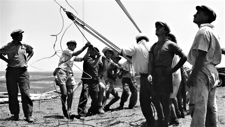 חברי קיבוץ תל יצחק מקימים את מגדל הצופים ביום העלייה לקרקע, 25 ליולי 1938. (NKH\479808)