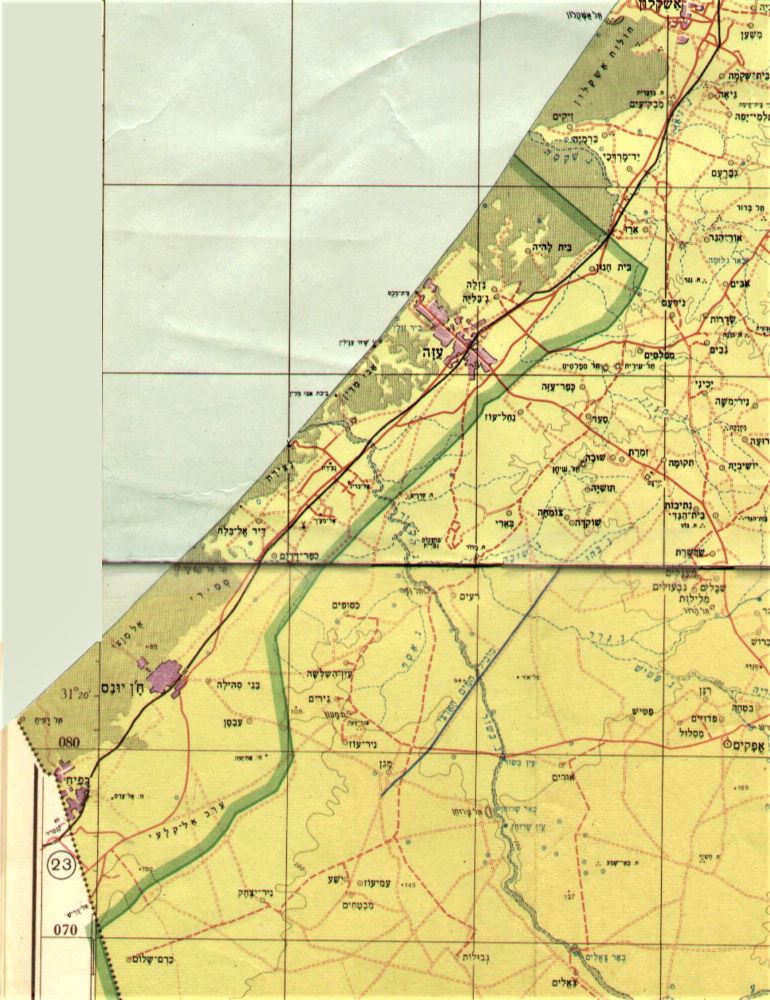 גבול מדינת ישראל לאחר הסכם שביתת הנשק ב-1950 מסומן בירוק ומגדיר את "רצועת עזה".