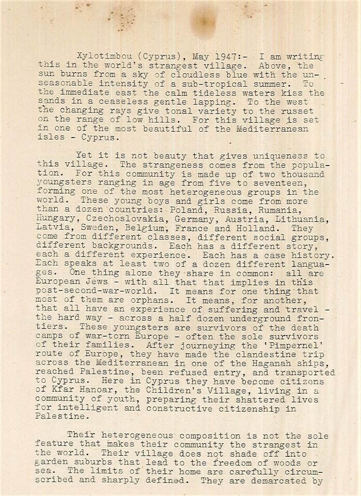 דו"ח מאת משה פרלמן על כפר הילדים במחנה המעפילים בקפריסין, 1947(DD1\1086)