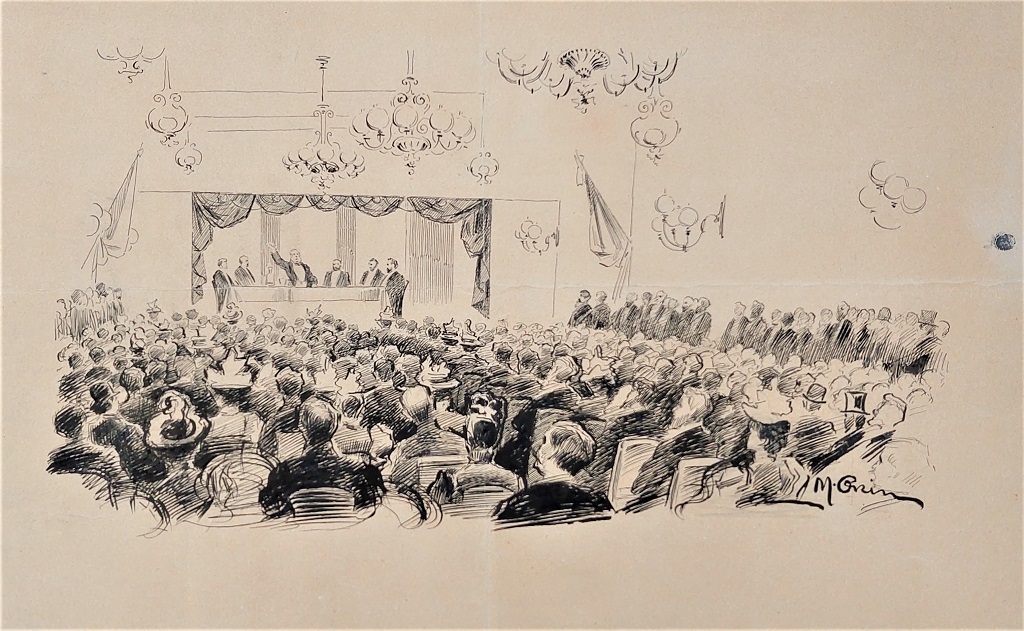 אולם הקונגרס הציוני השני בבאזל, 1898, רישום מקורי של מנחם אוקין (H1\3241)