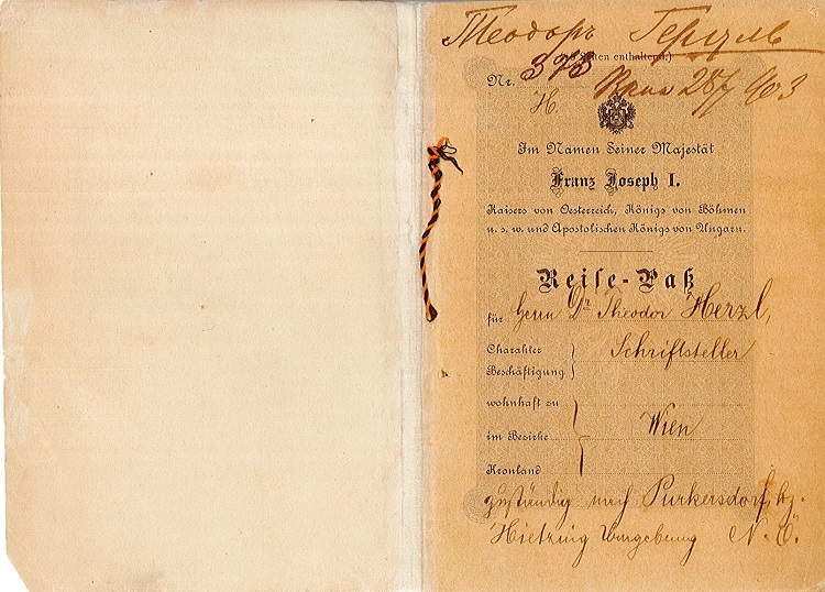 עמוד ראשון בדרכונו של הרצל מ-1903