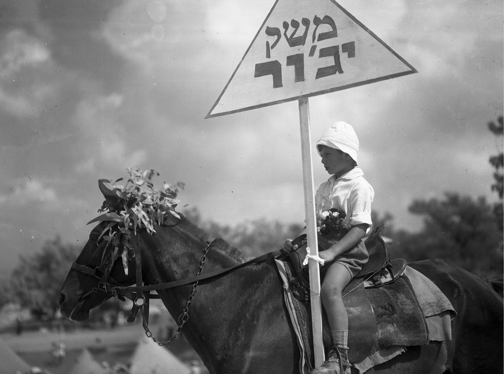 ה​ילד הצעיר ביותר מקיבוץ יגור רוכב על סוס בתהלוכת ביכורים, תל אביב, שנות ה-30 (NKH\457046)