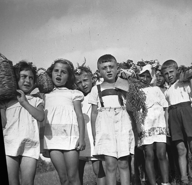 ילדי עולים חוגגים את חג הביכורים בתל אביב (בכפר סלמה הנטוש), 1949. (NKH\457112)