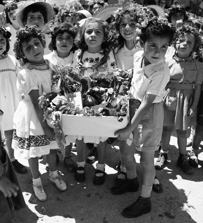 ילדים נושאים סלסילת ביכורים, ירושלים, 1956. צילום: פריץ שלזינגר (NSC\119443)