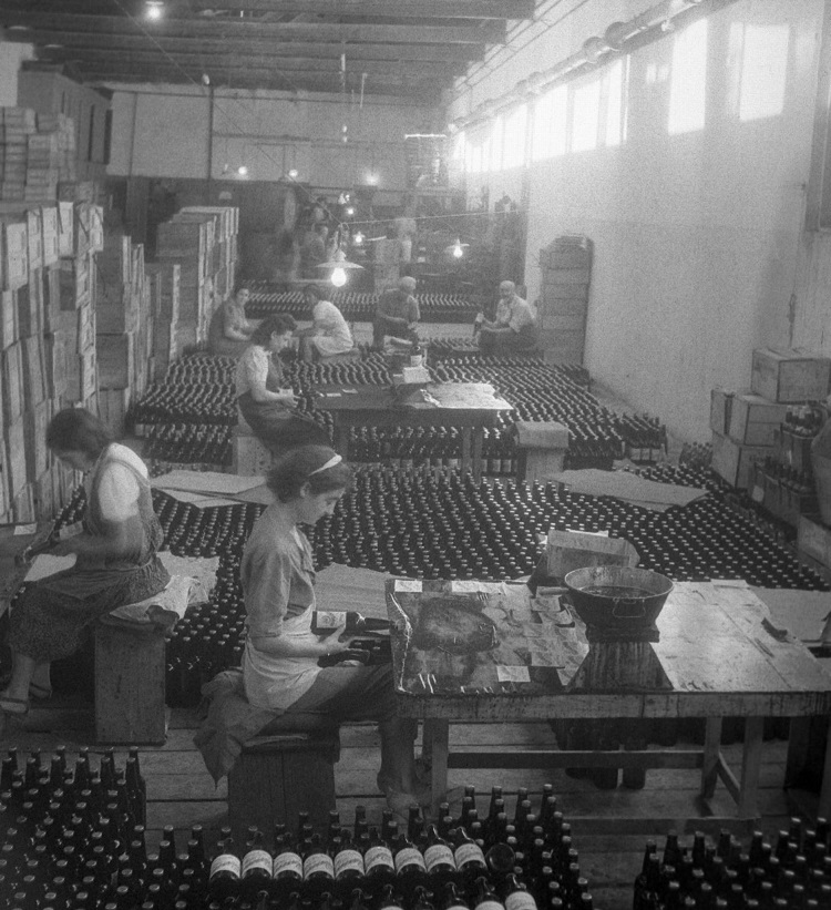 הדבקת תוויות על בקבוקי הזכוכית ביקב ראשון לציון, אוסף קרן היסוד (NKH\437930)