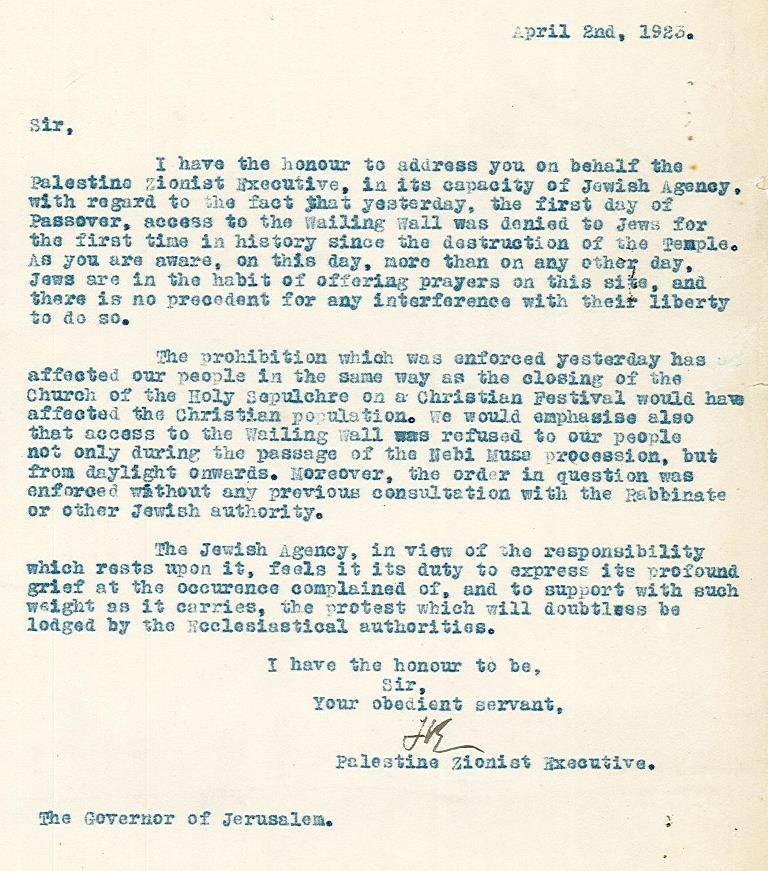 מכתב של פרדריק הרמן קיש למושל ירושלים, 2.4.1923 (Z4\41428)
