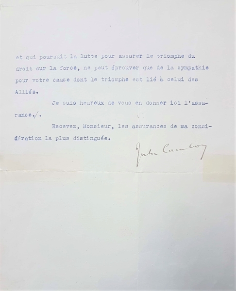 מכתב ממשרד החוץ הצרפתי, המביע תמיכה בהתיישבות היהודית בארץ ישראל, 4.6.1917, פריז, ארכיון נחום סוקולוב (A18\24​)