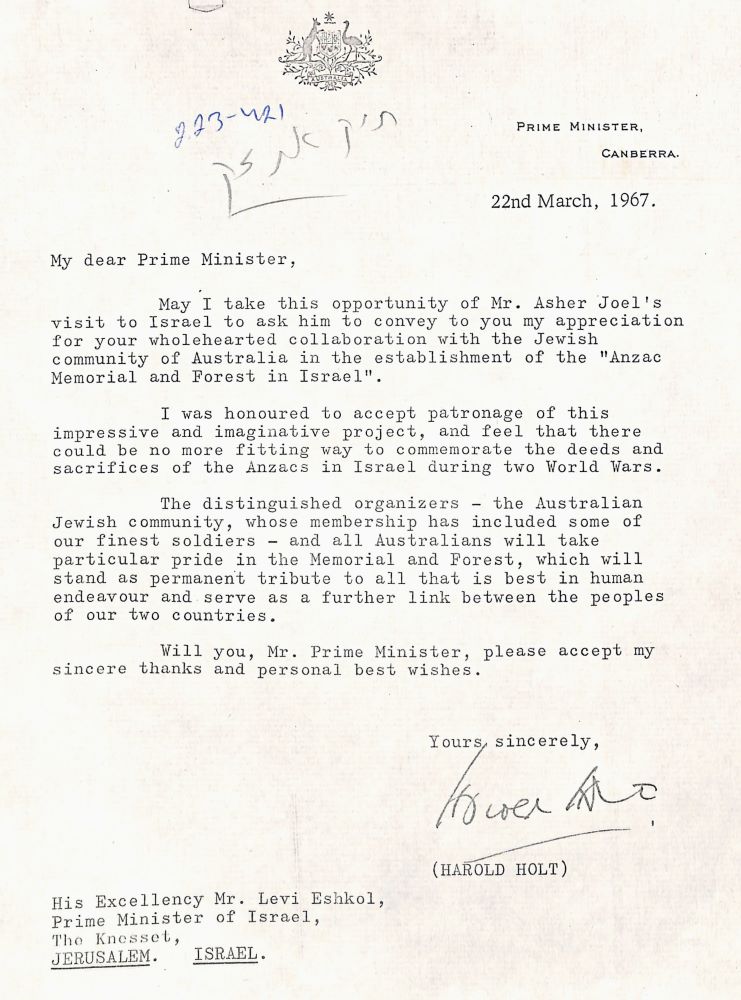 מכתב תודה מאת הרולד הולט, ראש ממשלת אוסטרליה אל לוי אשכול, מרץ 1967 (KKL5\29729)