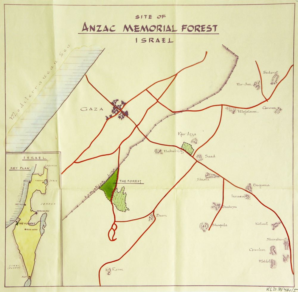A map of the ANZAC Memorial Forest area near the Gaza Strip border